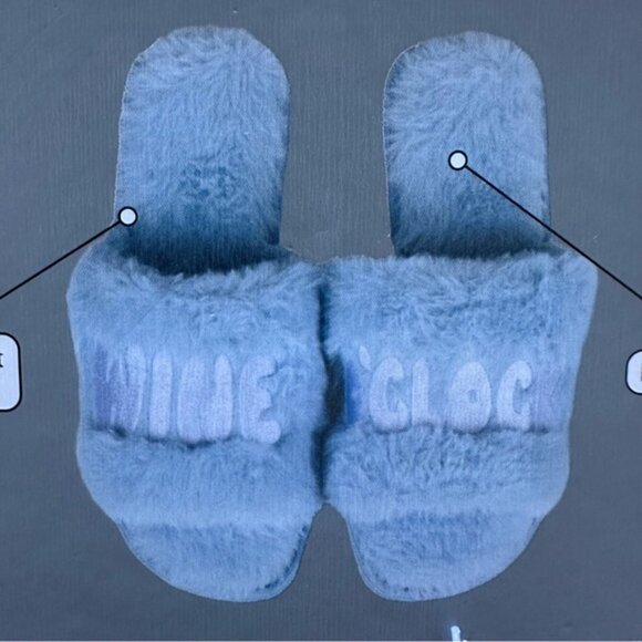 Aldi X Serra | "Wine O Clock" Light Blue Fuzzy Ladies Open Toe Slippers | Size 8 - Picture 3 of 6
